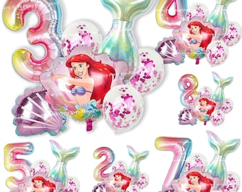 Ariel-verjaardagsballonnen: zeemeerminfeestdecor, leeftijdnummer, confettilatex