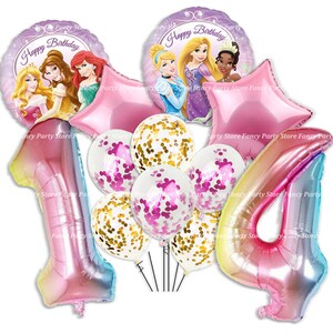 May include: A selection of party balloons, including two foil number balloons, star-shaped balloons, and round balloons. The balloons feature princess characters and the text "Happy Birthday". The number balloons are in a gradient of colours.