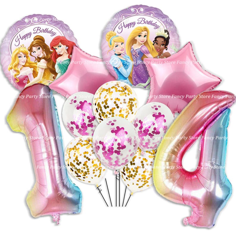 May include: A selection of party balloons, including two foil number balloons, star-shaped balloons, and round balloons. The balloons feature princess characters and the text "Happy Birthday". The number balloons are in a gradient of colours.