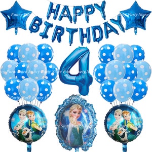 Puede incluir: Globos azules y blancos con lunares, un globo de n&uacute;mero 4 de l&aacute;mina azul, una pancarta de l&aacute;mina azul "FELIZ CUMPLEA&Ntilde;OS" y dos globos de l&aacute;mina azul con im&aacute;genes de Elsa y Anna de Frozen.