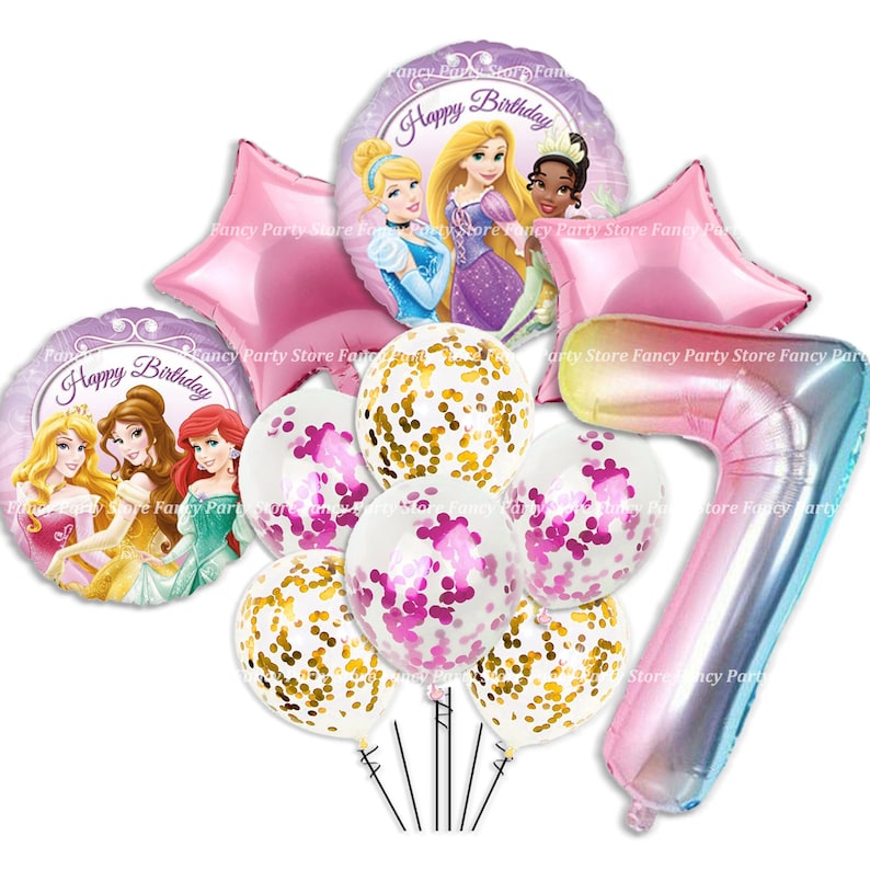 May include: A selection of birthday balloons featuring Disney princesses. The set includes star-shaped and round balloons, some with confetti, and a number seven balloon. The balloons are in shades of pink, purple, and gold.