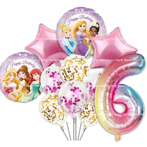 May include: A selection of birthday balloons with Disney princess designs. The set includes star-shaped and round foil balloons with princess graphics, confetti-filled balloons, and a large number 6 balloon in a rainbow gradient. The words "Happy Birthday" are also visible.