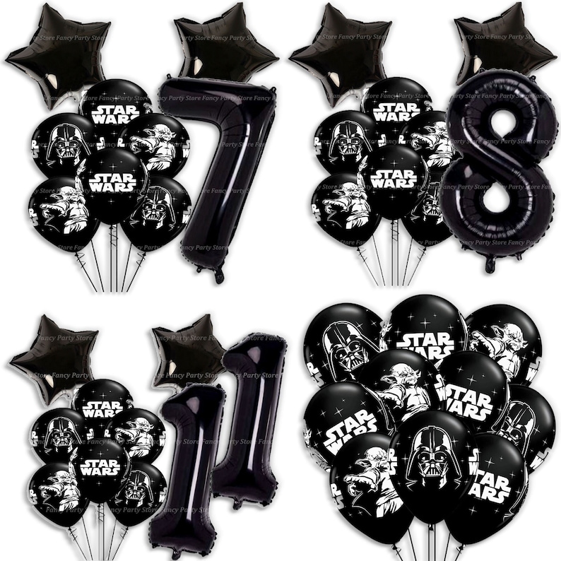 Puede incluir: Globos negros con tem&aacute;tica de Star Wars y globos con n&uacute;meros. Los globos presentan a Darth Vader, Yoda y texto de Star Wars. Los globos con n&uacute;meros son negros y muestran los n&uacute;meros 7, 8 y 11. Los globos est&aacute;n dispuestos en grupos.