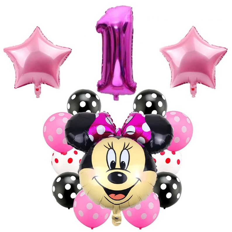 Pu&ograve; includere: Un set di palloncini rosa e neri con un palloncino con il personaggio di Minnie Mouse, due palloncini a forma di stella rosa e un palloncino numero 1 viola.