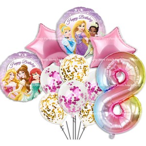 May include: A selection of princess-themed birthday balloons. The set features star-shaped and round foil balloons with princess illustrations, confetti-filled balloons, and a large number eight balloon in a rainbow gradient. The words "Happy Birthday" are visible.