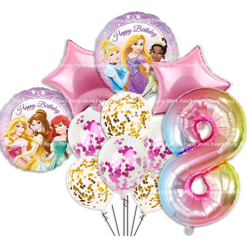 May include: A selection of princess-themed birthday balloons. The set features star-shaped and round foil balloons with princess illustrations, confetti-filled balloons, and a large number eight balloon in a rainbow gradient. The words "Happy Birthday" are visible.