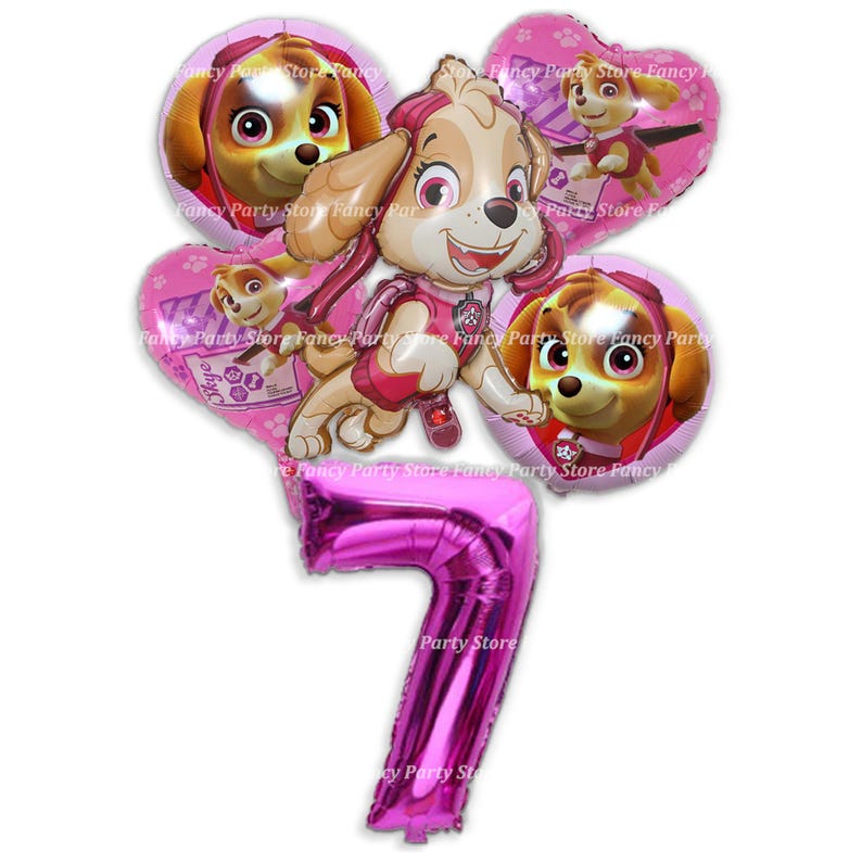 K&ouml;nnte beinhalten: Ein Set aus rosa und wei&szlig;en Folienballons mit einer Zeichentrickfigur aus der Show Paw Patrol. Die Ballons beinhalten einen gro&szlig;en Ballon mit der Nummer 7 und vier kleinere Ballons mit der Figur Skye. Die Ballons sind perfekt f&uuml;r eine Geburtstagsparty.