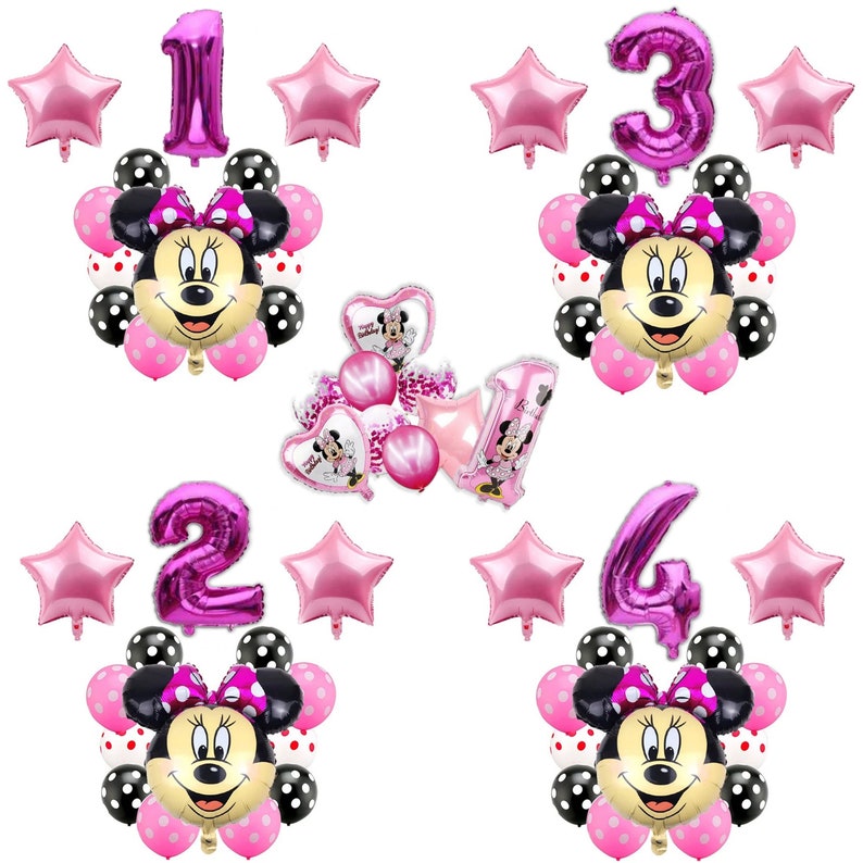Pu&ograve; includere: Decorazioni per feste di compleanno a tema Minnie Mouse in rosa, nero e bianco. Il set include quattro grandi numeri in lamina rosa, 1, 2, 3 e 4, palloncini a stella rosa e palloncini Minnie Mouse con pois rosa.