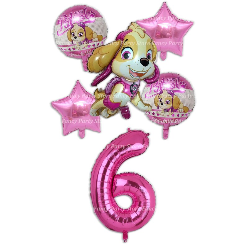 K&ouml;nnte beinhalten: Rosa-wei&szlig;es Paw Patrol Ballon-Set mit einem gro&szlig;en rosafarbenen Ballon mit der Nummer 6, zwei rosafarbenen Sternballons und zwei runden Ballons mit einem Paw Patrol Charakter. Die runden Ballons haben den Text "PAW Patrol" aufgedruckt.