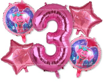 Trolls Birthday Balloons: Princess Poppy, Number Balloons, Pink Party Decoration Set