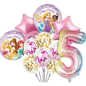 May include: A selection of birthday balloons with Disney princess designs. The set includes star-shaped and round balloons with princess graphics, confetti-filled balloons, and a large number 5 balloon in a gradient colour scheme. The words "Happy Birthday" are visible.