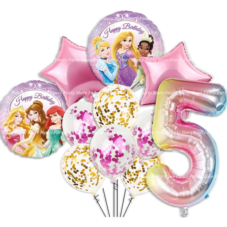 May include: A selection of birthday balloons with Disney princess designs. The set includes star-shaped and round balloons with princess graphics, confetti-filled balloons, and a large number 5 balloon in a gradient colour scheme. The words "Happy Birthday" are visible.