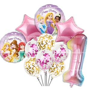 May include: A selection of princess-themed birthday balloons. The set includes star-shaped and round foil balloons, clear balloons filled with confetti, and a large number one balloon. The balloons feature Disney princesses and the text "Happy Birthday".