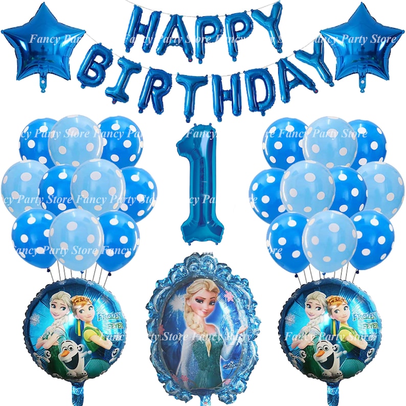 Puede incluir: Globos azules y blancos con lunares, un gran globo azul n&uacute;mero uno, una pancarta azul que dice "FELIZ CUMPLEA&Ntilde;OS" y dos globos de aluminio con personajes de la pel&iacute;cula Frozen.