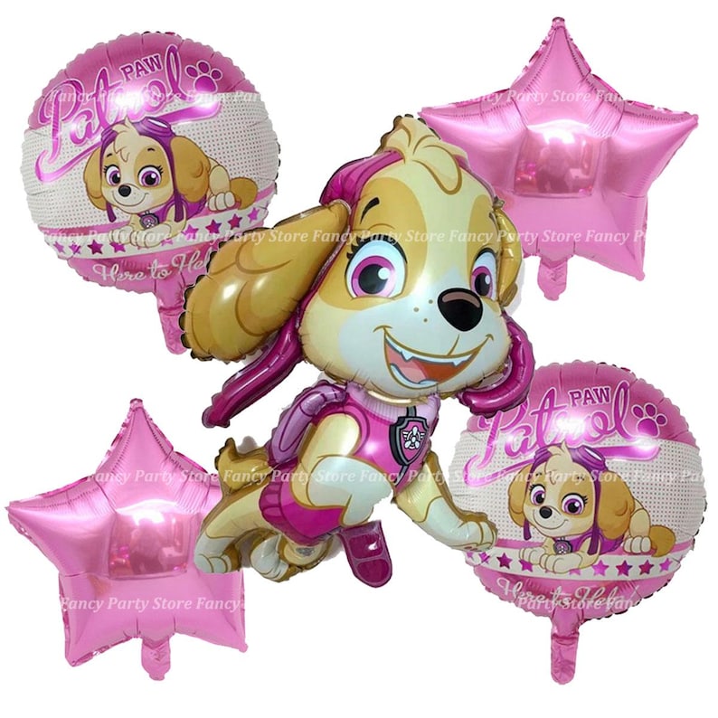 K&ouml;nnte beinhalten: Ein Set aus f&uuml;nf rosa und goldenen Folienballons mit dem Charakter Skye von Paw Patrol. Die Ballons sind in Form eines Sterns, eines Kreises und eines Charakters. Der Text "PAW Patrol" ist auf den Ballons aufgedruckt.