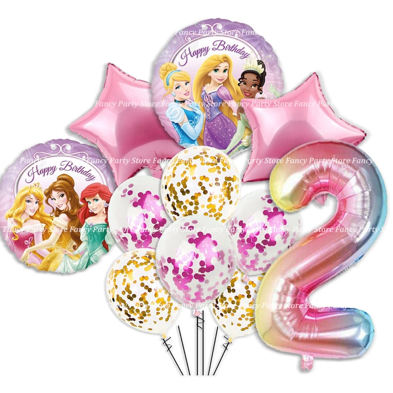 May include: A selection of birthday balloons featuring princess designs. The set includes star-shaped and round foil balloons, confetti-filled balloons, and a number 2 balloon. The colour scheme is pink, purple, and gold.