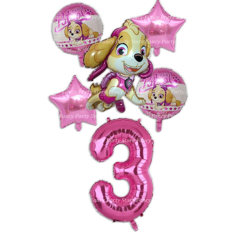 K&ouml;nnte beinhalten: Rosa-wei&szlig;es Paw Patrol Ballon-Set mit einem gro&szlig;en rosafarbenen Ballon mit der Nummer 3, zwei rosafarbenen Sternenballons und zwei runden Ballons mit einem Paw Patrol Charakter. Die runden Ballons haben den Text "PAW Patrol" aufgedruckt.