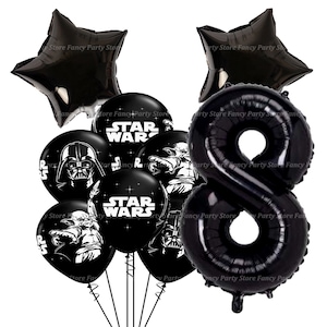May include: Black and white Star Wars themed balloons, including a large black number 8 balloon. The balloons feature characters like Darth Vader, Yoda, and the Star Wars logo.