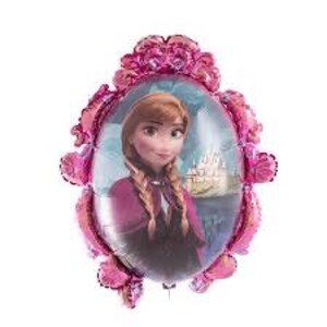 K&ouml;nnte beinhalten: Ein Folienballon mit einem Portr&auml;t einer Figur aus dem Animationsfilm "Frozen". Der Ballon hat einen rosa, verzierten Rahmen um das zentrale Bild einer Frau mit geflochtenem Haar, die einen lila Umhang tr&auml;gt, und ein Schloss im Hintergrund.