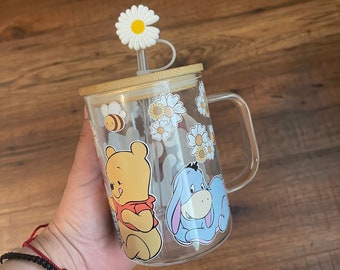 Pooh and friends glass mug with bamboo lid and plastic straw