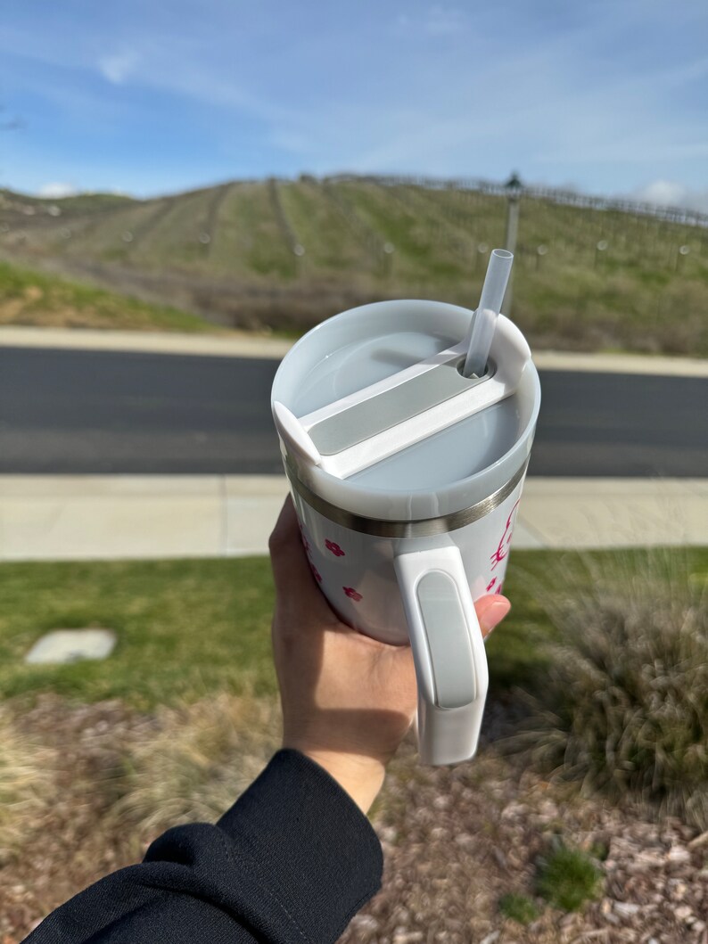 Pu&ograve; includere: Tazza da viaggio bianca con coperchio e manico grigi. Il coperchio ha una fessura per una cannuccia, e una cannuccia &egrave; inserita nella fessura. La tazza ha un design rosa e bianco con piccoli cuori rosa.
