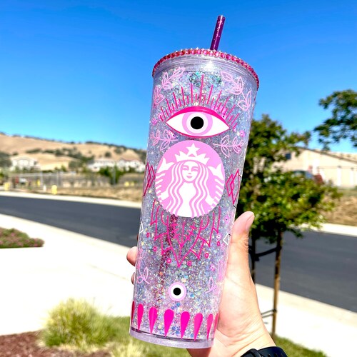 Evil Eye Starbucks Glitter Snow Globe Tumbler Rhinestone Lid Etsy