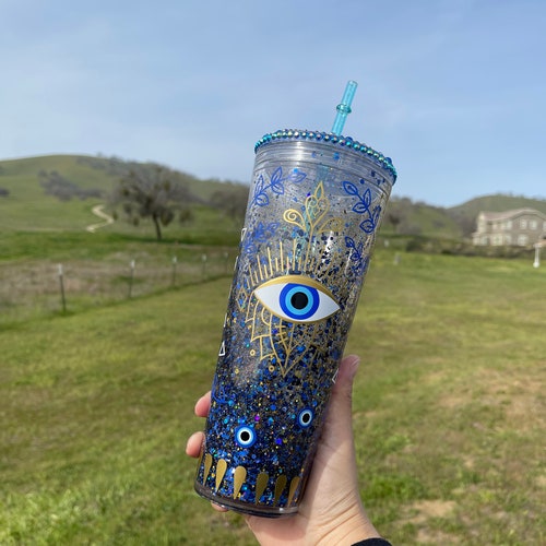 Evil Eye Starbucks Glitter Snow Globe Tumbler Rhinestone Lid Etsy