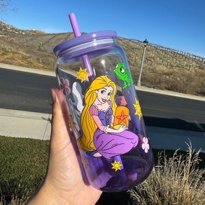 Princess purple ombre glass tumbler with plastic lid and straw