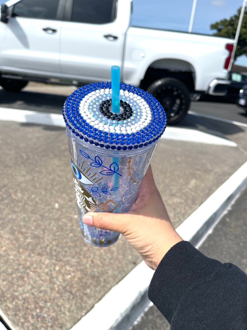 Evil Eye Starbucks Glitter Snow Globe Tumbler Rhinestone Lid Etsy