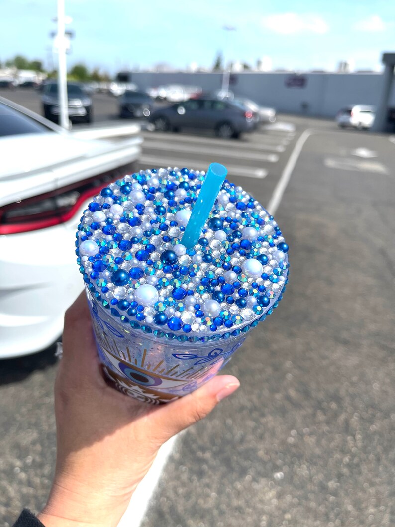 Evil Eye Starbucks Glitter Snow Globe Tumbler Rhinestone Lid Etsy