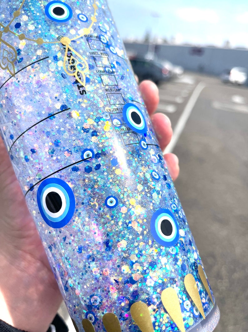 Evil Eye Starbucks Glitter Snow Globe Tumbler Rhinestone Lid Etsy