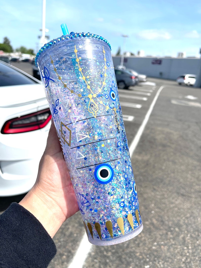 Evil Eye Starbucks Glitter Snow Globe Tumbler Rhinestone Lid Etsy