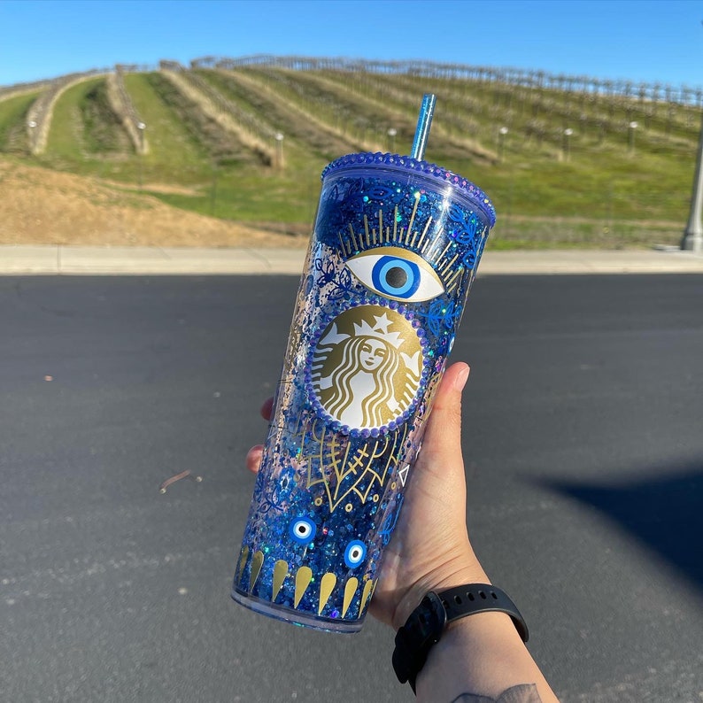 Evil Eye Starbucks Glitter Snow Globe Tumbler Rhinestone Lid Etsy