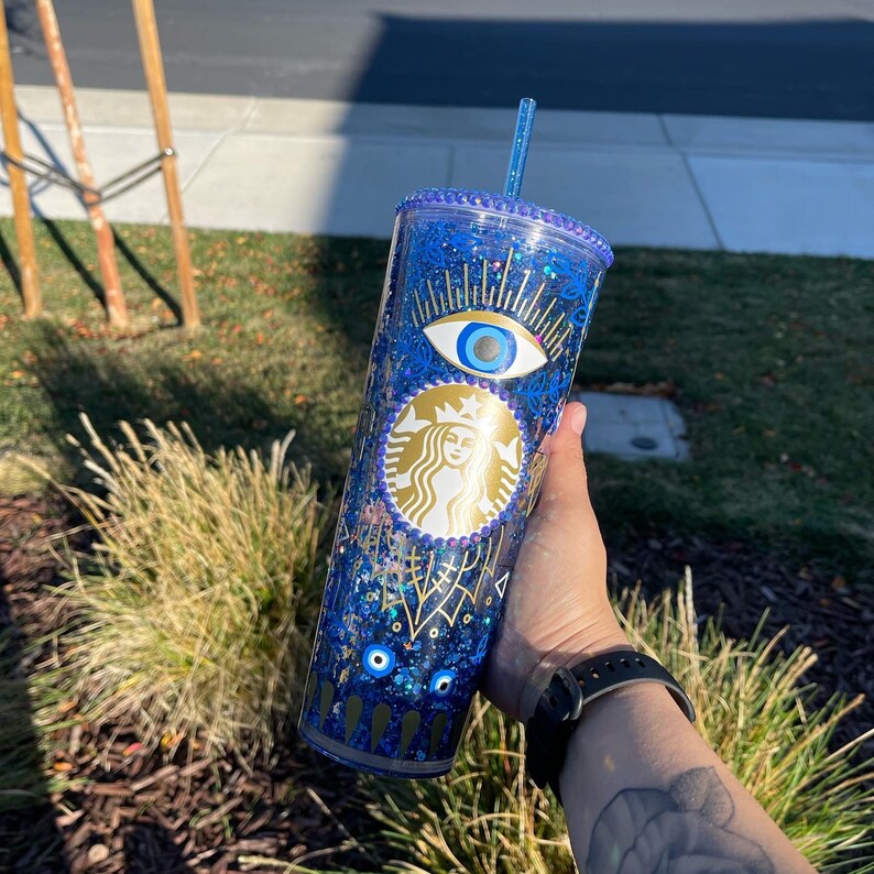 Evil Eye Starbucks Glitter Snow Globe Tumbler Rhinestone Lid Etsy
