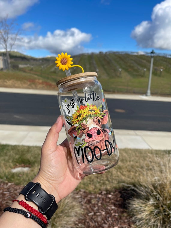 Cow glass tumbler with bamboo lid, straw and sunflower straw topper