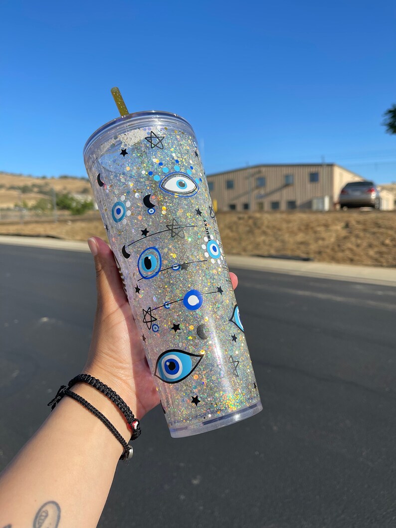Evil Eye Starbucks Glitter Snow Globe Tumbler Rhinestone Lid Etsy