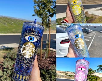 Evil eye Starbucks glitter snow globe tumbler, rhinestone lid, protect your energy, blue glitter tumbler