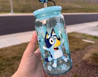 Blue cartoon dog, plastic cup 16oz, topper