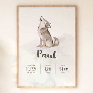 Poster, "Geburtsposter Wolf", Namen, Digitaler Download, Ausdrucken, Wandbild, Personalisiert, Kinderzimmer, Spielzimmer, Babyzimmer, Wolf