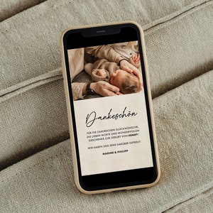 Carte de remerciement numérique pour la naissance avec photo, merci bébé, beige simple, Whatsapp, graphique d'histoire, personnalisée