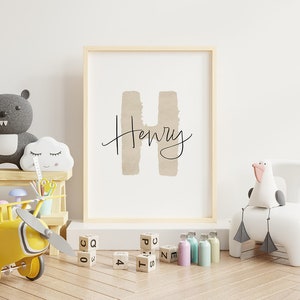Cartel "Letra H", cartel con nombre, regalo de nacimiento, estampado, mural, habitación infantil, sala de juegos, habitación bebé, acuarela, beige