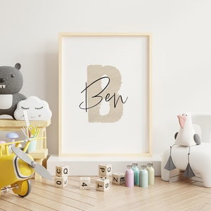 Cartel "Letra B", cartel con nombre, regalo de nacimiento, estampado, mural, habitación infantil, sala de juegos, habitación bebé, acuarela, beige