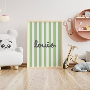 Poster, "Streifen Grün-Grau", Namensposter, Digitaler Download, Ausdrucken, Wandbild, gestreift, Kinderzimmer, Spielzimmer, Babyzimmer
