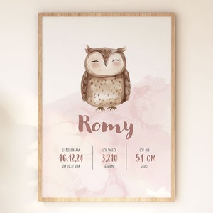 Póster "Póster de nacimiento Búho", Nombres, Descarga digital, Impresión, Mural, Personalizado, Habitación infantil, Sala de juegos, Habitación de bebé, Búho