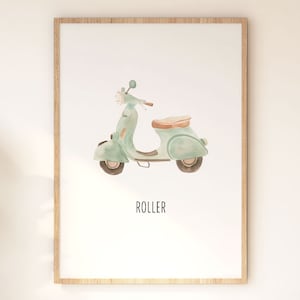 Póster, "Scooter", habitación infantil, habitación bebé, sala de juegos, vehículos, acuarela, descargar, decoración pared, grabado, mural, print, scooter