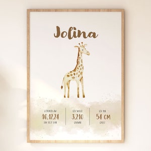Cartel, "Cartel Nacimiento Jirafa", Nombres, Descarga Digital, Impresión, Mural, Personalizado, Habitación Infantil, Sala de Juegos, Habitación Bebé