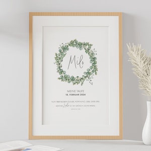 Personalisiertes Poster "Taufe", Eukalyptus, Geschenk zur Taufe, Ausdrucken, Wandbild, Tischdekoration, Last-Minute-Geschenk, Blumenkranz