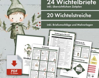 24 Secret Santa letters without personalization, set including 20 Secret Santa pranks, envelopes for Secret Santa mail, overview, schedule, coloring templates