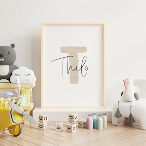 Poster "Buchstabe T", Namensposter, Geschenk zur Geburt, Ausdrucken, Wandbild, Kinderzimmer, Spielzimmer, Babyzimmer, Aquarell, Beige