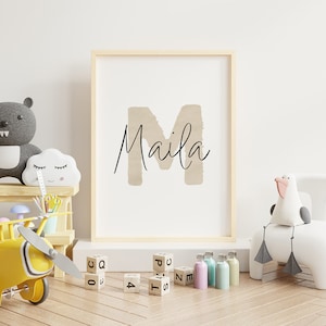 Cartel "Letra M", cartel con nombre, regalo de nacimiento, estampado, mural, habitación infantil, sala de juegos, habitación bebé, acuarela, beige